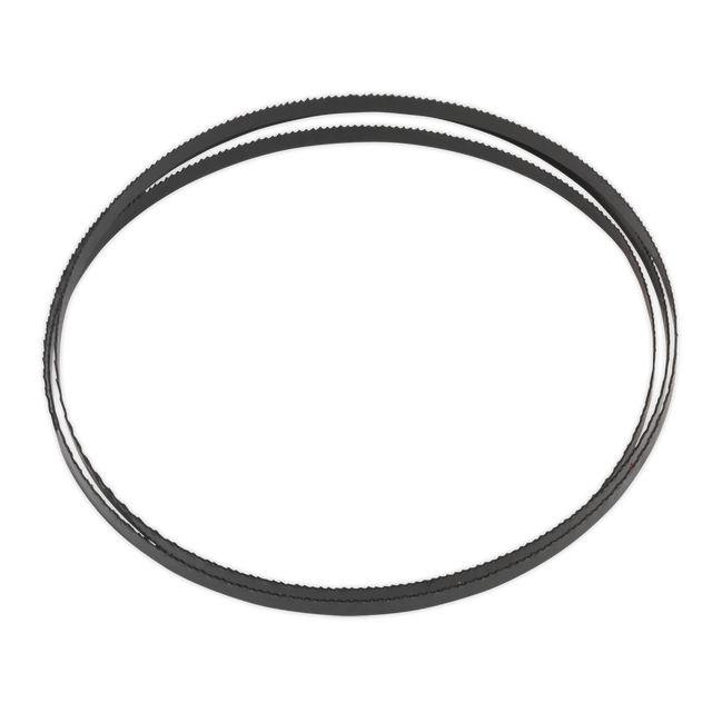 The Sealey Bandsaw Blade 1400 x 6.5 x 0.35mm 14tpi - SM1303B14, a black, circular rubber belt with a textured surface commonly used in machinery or automotive engines, can sometimes complement this bandsaw blade for cutting wood efficiently.