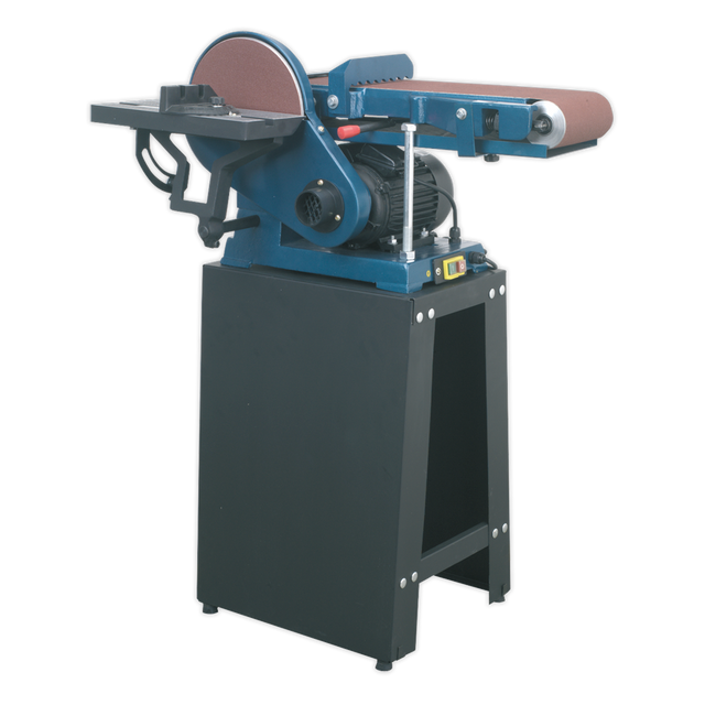The Sealey Belt/Disc Sander Floor Standing 1220 x 150mm/Ø230mm - SM15 is a blue machine with a heavy-duty induction motor, mounted on a black stand, ideal for general woodworking applications.