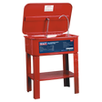A red Parts Cleaning Tank - SM19 featuring an open lid, overhead pipe, and a "Sealey" label on the front. This new Model 002 product is supported by sturdy red metal legs with a convenient shelf underneath.