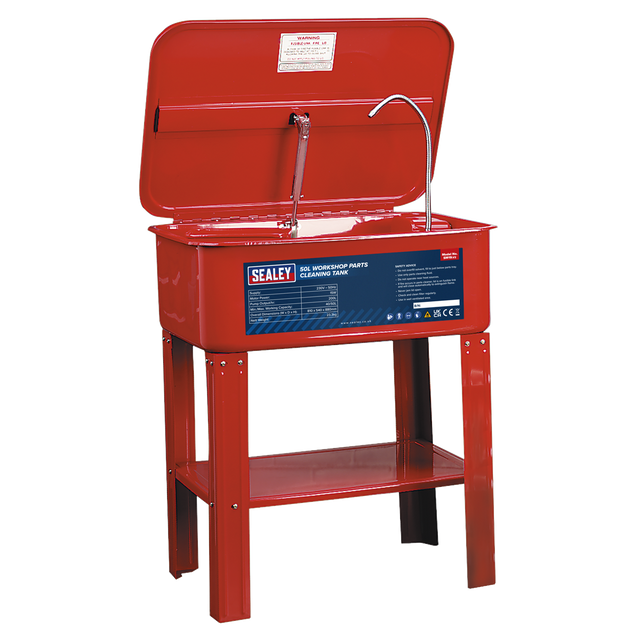 A red Parts Cleaning Tank - SM19 featuring an open lid, overhead pipe, and a "Sealey" label on the front. This new Model 002 product is supported by sturdy red metal legs with a convenient shelf underneath.