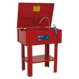 The Sealey SM22 Parts Cleaning Tank Air Operated is designed for hazardous environments, ensuring durability and safety for tough cleaning jobs. This heavy-duty red parts washer features an open lid with a warning label inside, a flexible nozzle, and a cleaning brush. The welded steel tank stands on four sturdy legs with a lower shelf for added convenience.