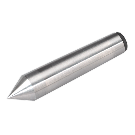 Close-up of the Sealey Live Centre MT2 - SM2503HC, showcasing its polished cylindrical body and sharp cone tip, ideal for use with a mini lathe or drilling machine.