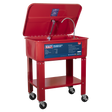 A Sealey Mobile Parts Cleaning Tank 50L - SM28 in red, featuring a self-latching lid, a flexible cleaning nozzle, and a lower storage shelf, all positioned on a four-wheeled frame.