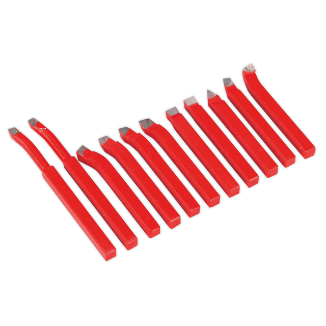A set of eleven 8 x 8mm HSS steel lathe tools from Sealey's Cutter Set (SM3002CS11), featuring various cutting tips, ideal for machining mild steel and other metalworking projects.
