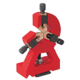 The Fixed Steady Rest - SM3002SR by Sealey is a red, adjustable tool featuring three black knobs, designed for precise alignment or calibration purposes—an essential high-quality accessory for any metalworking lathe.