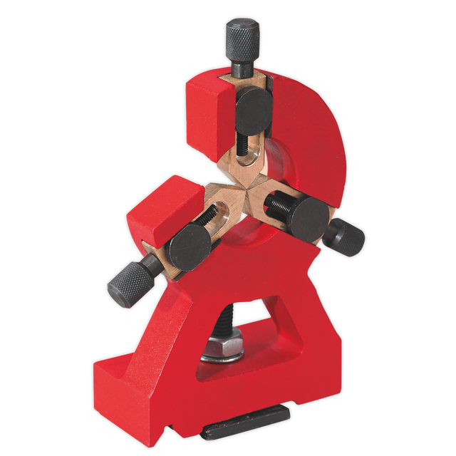The Fixed Steady Rest - SM3002SR by Sealey is a red, adjustable tool featuring three black knobs, designed for precise alignment or calibration purposes—an essential high-quality accessory for any metalworking lathe.