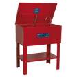 The Sealey Parts Cleaning Tank Extra-Deep 136L - SM40D, in red, features a heavy-duty steel tank with an open lid, a flexible metal nozzle, and a lower storage shelf on four sturdy legs.