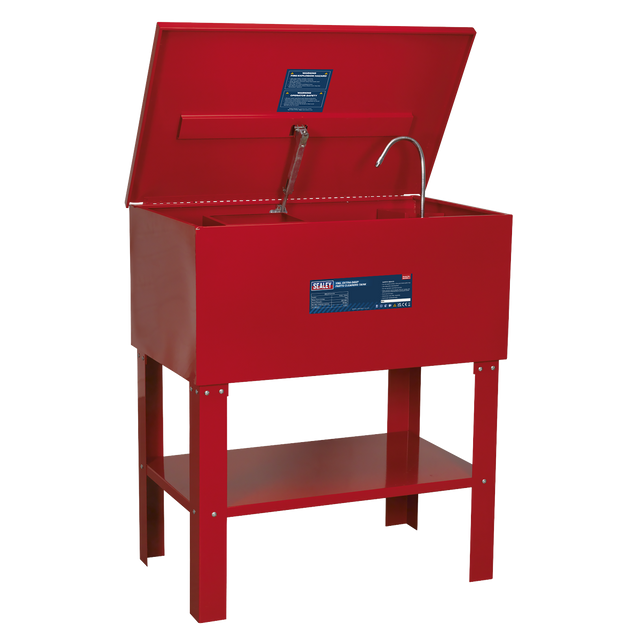 The Sealey Parts Cleaning Tank Extra-Deep 136L - SM40D, in red, features a heavy-duty steel tank with an open lid, a flexible metal nozzle, and a lower storage shelf on four sturdy legs.
