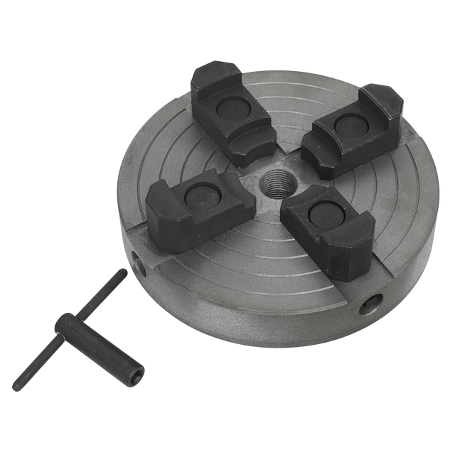 Introducing the Sealey Independent Chuck - SM42/ACC5, a metal four-jaw chuck complete with a T-handle wrench, perfect for your wood turning lathe.