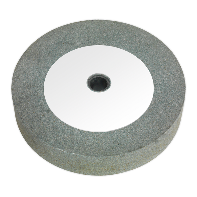 The Sealey Wet Stone Wheel Ø200 x 40mm, 20mm Bore for SM521 (Model No. SM521GW200W) is a circular sharpening stone featuring a central hole. It is typically used for wet grinding tools and blades, with a gray exterior and a white inner ring.