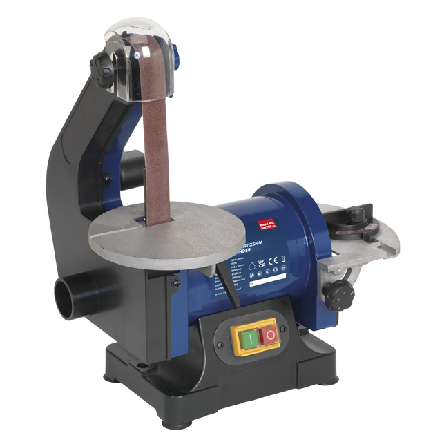 Introducing the Belt/Disc Sander 25 x 762mm/Ø125mm 250W/230V - SM750 by Sealey. This stationary sander boasts a sleek blue and black design, a vertically mounted sanding belt, and an induction motor for robust performance. It also features user-friendly control buttons, making it perfect for all your woodworking needs.
