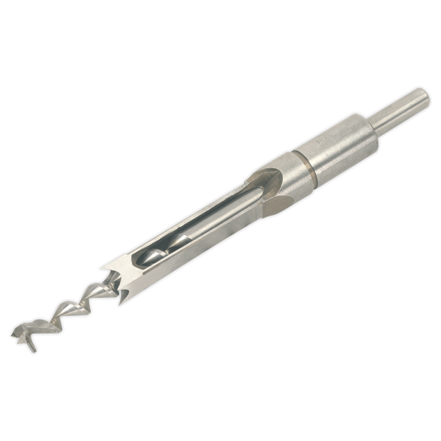 A close-up image of the Sealey Chisel & Drill Set 1/2" - SM94CDS12, featuring a twisted helical shape and cylindrical shank, ideal for use with a hollow chisel mortiser.
