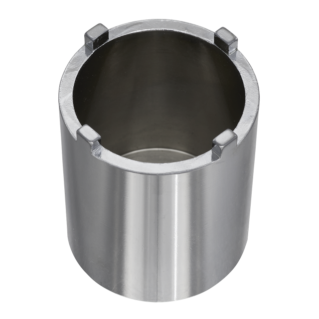 The Sealey SMC18 Motorcycle Swingarm Locknut Socket 4-Pin 48.5mm is a cylindrical metal tool with four prongs at the top edge, resembling a castellated locknut.