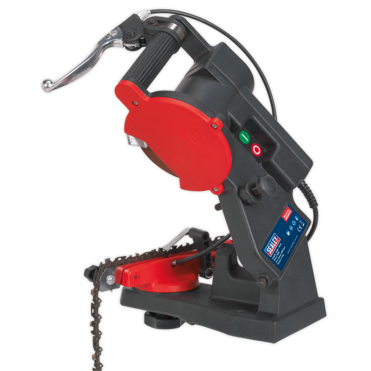 Image of the Sealey Chainsaw Blade Sharpener - Quick Locating 85W - SMS2002C, featuring a red and black body and control buttons. With its tilting vice, the device securely holds a partially inserted chainsaw chain, ensuring ease of use.