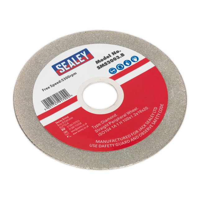 A Sealey branded Grinding Disc Diamond Coated 100mm with a red and white label indicating Model No. SMS2003.B, featuring a free speed of 5300rpm and safety instructions. Ideal for pairing with a saw blade sharpener to maintain its cutting precision.