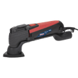 Sealey Oscillating Multi-Tool 300W Quick Change - SMT300Q in red and black with a triangular sanding pad attached, equipped with a quick release lever, lying on a white surface.