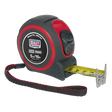 Introducing the Sealey Heavy-Duty Tape Measure 5m (16ft) - SMT5H: a highly durable black and red measuring tape from the Premier Hand Tools range, featuring a yellow metric/imperial rule tape, a magnetic tip, and an attached black wrist strap.