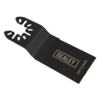 The Sealey Multi-Tool Blade Metal & Wood 33mm (SMTA33MW) is a black bi-metal saw blade attachment with a serrated edge and multiple mounting holes, ideal for cutting wood and soft metals.