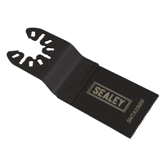 The Sealey Multi-Tool Blade Metal & Wood 33mm (SMTA33MW) is a black bi-metal saw blade attachment with a serrated edge and multiple mounting holes, ideal for cutting wood and soft metals.