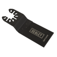 The Sealey Multi-Tool Blade Wood 34mm (SMTA34W) is a black oscillating tool blade featuring a jagged edge, with a 34mm cutting length and a mounting attachment. It is ideal for cutting wood, thanks to its durable HCS blade.