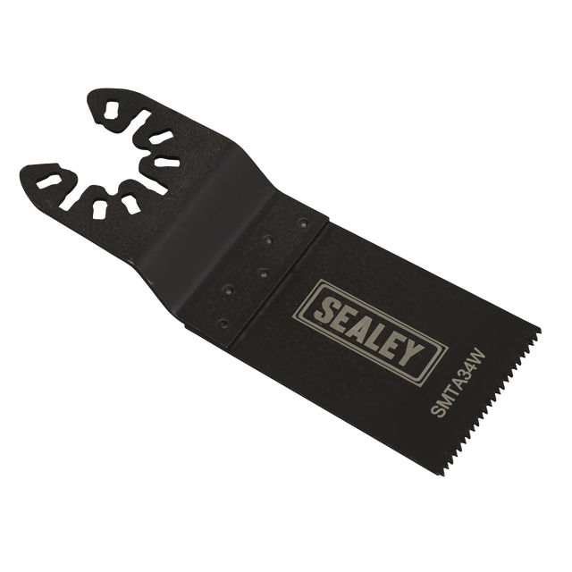 The Sealey Multi-Tool Blade Wood 34mm (SMTA34W) is a black oscillating tool blade featuring a jagged edge, with a 34mm cutting length and a mounting attachment. It is ideal for cutting wood, thanks to its durable HCS blade.