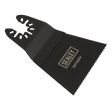 The Sealey Multi-Tool Blade Wood 65mm - SMTA65W is a black HCS blade featuring a notched end and serrated edge, perfect for cutting wood or scraping tasks.