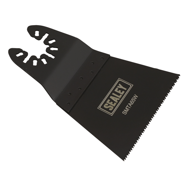 The Sealey Multi-Tool Blade Wood 65mm - SMTA65W is a black HCS blade featuring a notched end and serrated edge, perfect for cutting wood or scraping tasks.