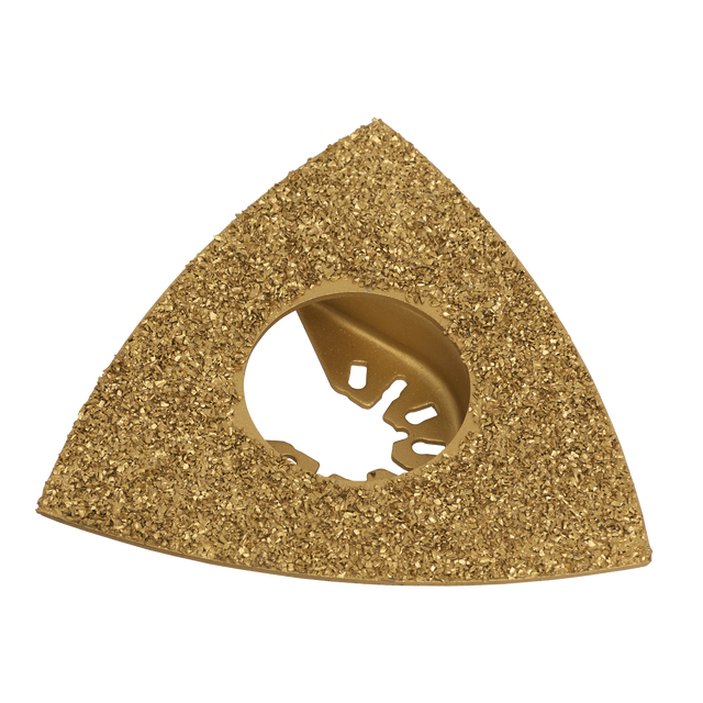 The Sealey Multi-Tool Blade Ceramic 78mm - SMTA78TC is a triangular gold-toned carbide blade with a textured surface, featuring a circular hole in the center and an impressive 78mm cutting length, perfect for cutting ceramic.