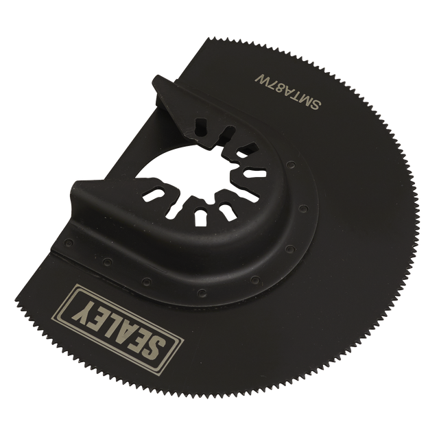 A Sealey Multi-Tool Blade for wood with an 87mm semi-circular design, featuring a black finish, ideal for cutting wood, with the model number SMTA87W.