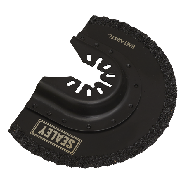 The Sealey Multi-Tool Blade Ceramic Ø94mm (model SMTA94TC) is a semi-circular, black carbide blade with tungsten carbide grit edges, making it ideal for cutting ceramic tiles. This efficient tool features a 94mm cutting length.
