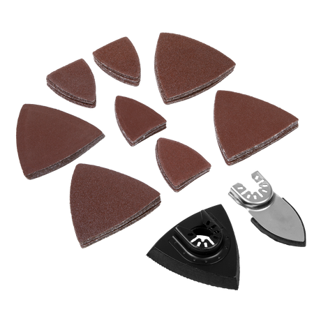 A 82-piece multi-tool sanding set (model SMTA9) from Sealey, which includes triangular brown sanding pads and various metal attachments.