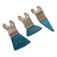 Three Sealey Multi-Tool Scraping Blades (SMTB3) with blue handles, featuring widened blades and a universal quick-change fitting, arranged in a diagonal line.