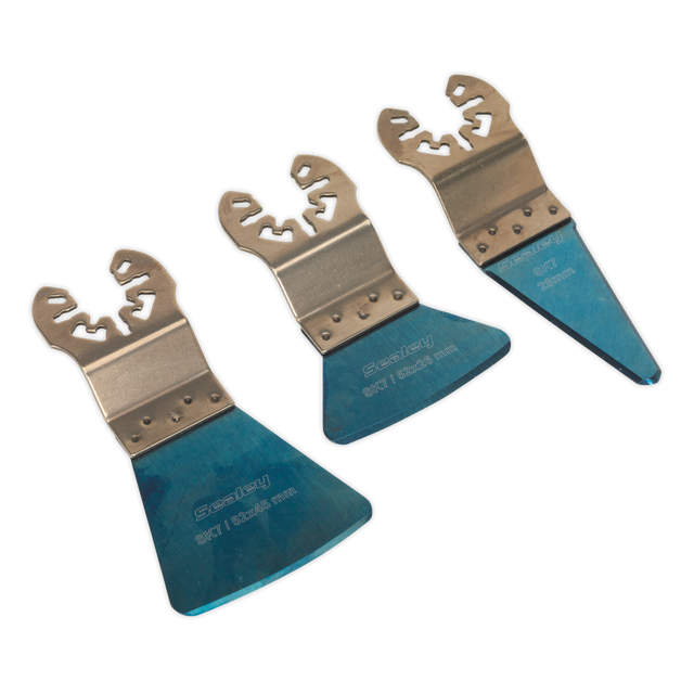 Three Sealey Multi-Tool Scraping Blades (SMTB3) with blue handles, featuring widened blades and a universal quick-change fitting, arranged in a diagonal line.