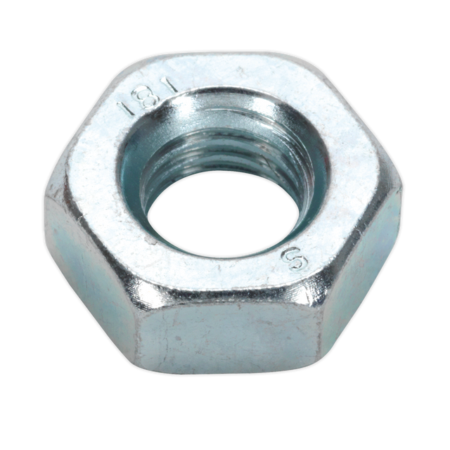 Close-up of a Sealey Steel Nut DIN 934 - M10 Zinc, with threading visible inside. The hexagonal silver nut features the number "131" and letter "S" engraved on its surface. Available in a pack of 100.