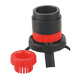 A black and red plastic threaded connector with a removable red cap, identified as the Sealey Universal Drum Adaptor for SOLV/SF to Plastic Pouring Spouts - Model No. SOLV/SFX, lies on a white background.