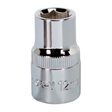 The Sealey WallDrive® Socket 12mm 1/2"Sq Drive Fully Polished - SP1212, made from durable Chrome Vanadium steel with a hexagonal opening and a reflective, metallic finish, is displayed against a white background.