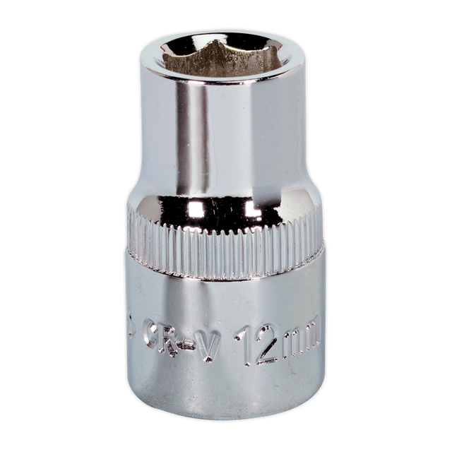 The Sealey WallDrive® Socket 12mm 1/2"Sq Drive Fully Polished - SP1212, made from durable Chrome Vanadium steel with a hexagonal opening and a reflective, metallic finish, is displayed against a white background.