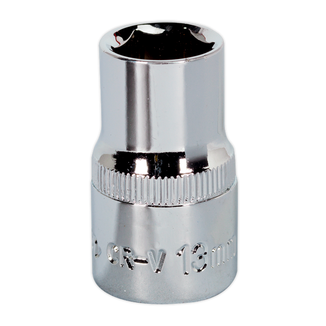 The Sealey WallDrive® Socket 13mm 1/2"Sq Drive Fully Polished - SP1213, crafted from Chrome Vanadium steel and featuring a knurled grip, is ideal for professional hand tools.