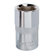 A Sealey WallDrive® Socket 15mm 1/2"Sq Drive Fully Polished - SP1215, constructed from durable Chrome Vanadium steel and featuring a knurled grip for secure handling.