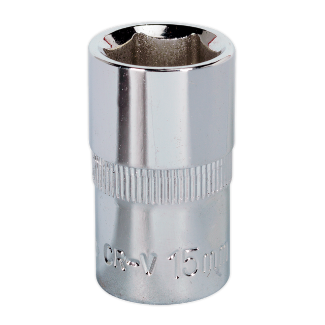 A Sealey WallDrive® Socket 15mm 1/2"Sq Drive Fully Polished - SP1215, constructed from durable Chrome Vanadium steel and featuring a knurled grip for secure handling.