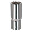 A Sealey WallDrive® Socket 24mm Deep with a 1/2" square drive, fully polished for use with a socket wrench, featuring a knurled grip for better handling and backed by a lifetime guarantee.
