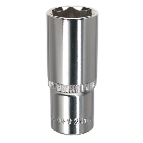 A Sealey WallDrive® Socket 24mm Deep with a 1/2" square drive, fully polished for use with a socket wrench, featuring a knurled grip for better handling and backed by a lifetime guarantee.
