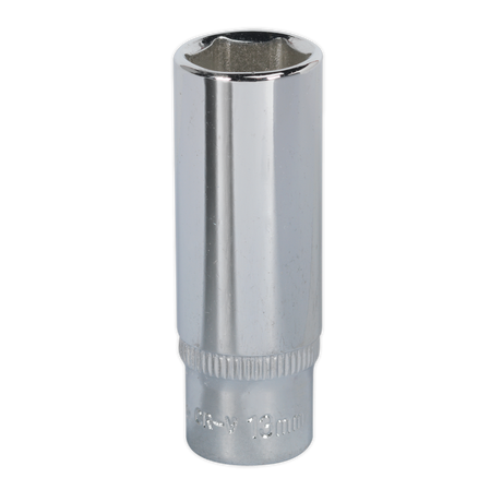The Sealey WallDrive® Socket 13mm Deep 1/4"Sq Drive Fully Polished - SP1413D is crafted from cold-forged Chrome Vanadium steel, featuring a chrome finish and an upright standing design. This Premier Hand Tool also comes with a lifetime guarantee.