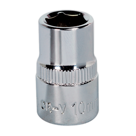 The Sealey WallDrive® Socket 10mm 3/8"Sq Drive Fully Polished - SP3810 features a shiny, metallic finish with engraved "CR-V" text and a knurled midsection for grip. It's expertly crafted from durable Chrome Vanadium steel and comes with a lifetime guarantee.