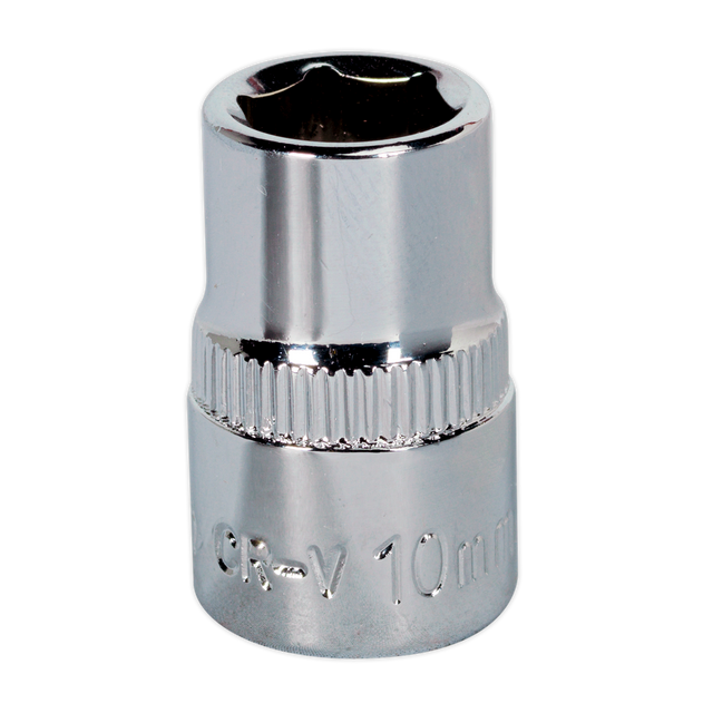 The Sealey WallDrive® Socket 10mm 3/8"Sq Drive Fully Polished - SP3810 features a shiny, metallic finish with engraved "CR-V" text and a knurled midsection for grip. It's expertly crafted from durable Chrome Vanadium steel and comes with a lifetime guarantee.