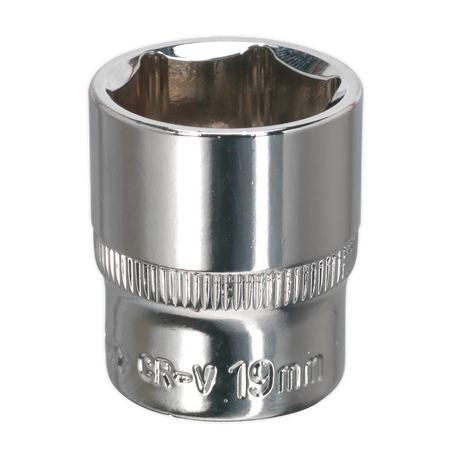 The WallDrive® Socket 19mm 3/8"Sq Drive Fully Polished - SP3819 by Sealey is a Chrome Vanadium steel socket with a six-point design, ideal for tightening or loosening nuts and bolts. This professional-grade tool is backed by a lifetime guarantee and is part of the Premier Hand Tools collection.
