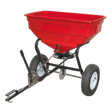 The Sealey Broadcast Spreader 57kg Tow Behind - SPB57T features an adjustable feed system and is designed with a red body, black frame, and two large white heavy-duty pneumatic tyres.