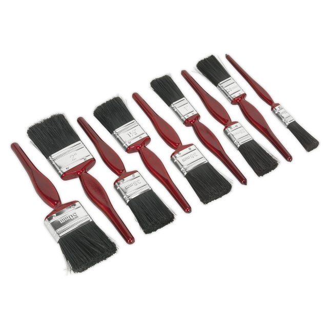 The Sealey Pure Bristle Paint Brush Set 9pc - SPBS9 includes nine paint brushes with pure bristles and red composite handles, arranged in three rows, and featuring sleek chrome ferrules.