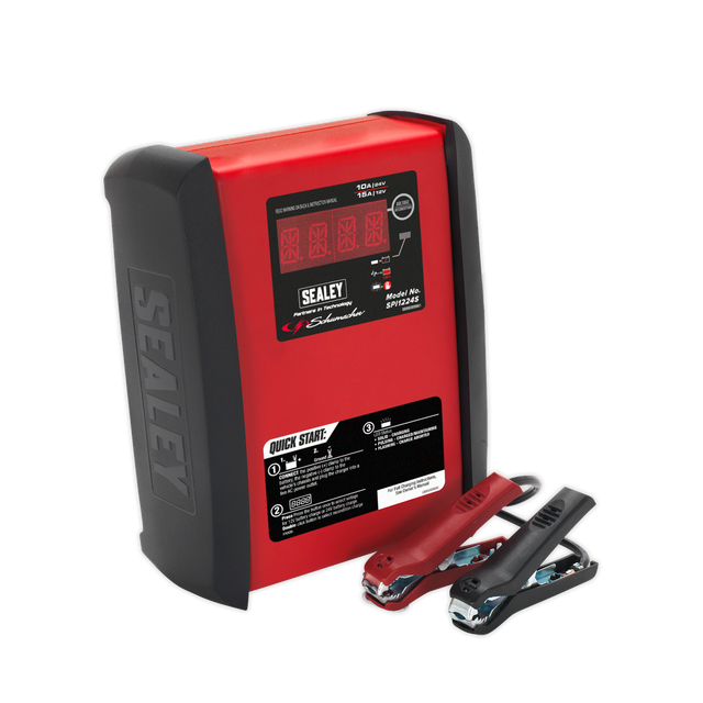 A Sealey Schumacher® Intelligent Speed Charge Battery Charger/Maintainer (12V 15A/24V 10A - SPI1224S) in red and black, equipped with a digital display, featuring reverse polarity protection and paired with two jumper cables (red and black).