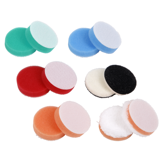 The Polisher Pad Kit Ø40mm - SPK600ACC1 by Sealey is a collection of round, colorful cleaning pads in various textures and sizes, including green, blue, red, black, white, and orange. The pads are arranged in pairs and the assorted pack also includes foam pads that are perfect for polishing tasks.